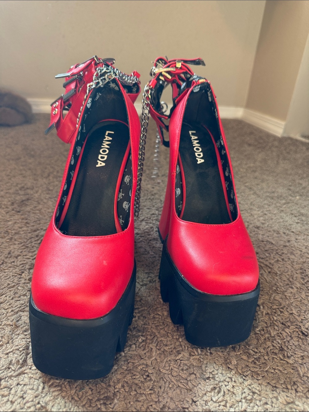 LaModa Red Platform Mary Janes with Black Chunky Sole and Chain Ankle Strap